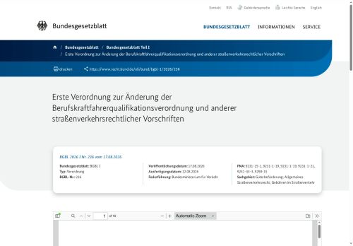 Vorschaubild Bundesgesetzblatt Teil I  Berufskraftfahrerqualifikationsverordnung 